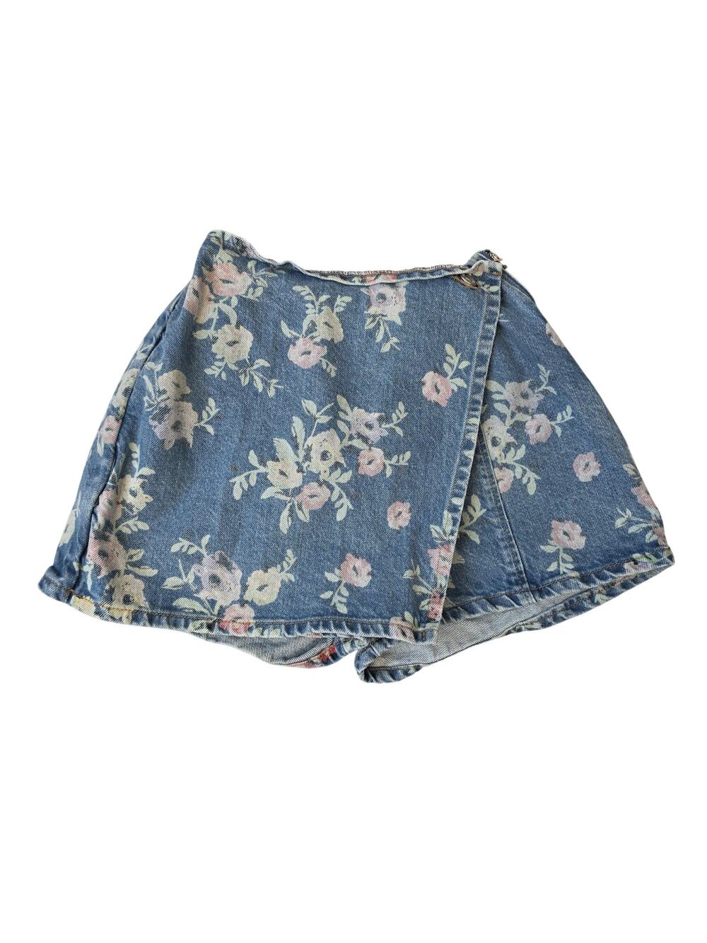 PIRAL Skort Girl Medium Blue Floral Denim Wrap Elastic Waist Summer VTG 90s Boho